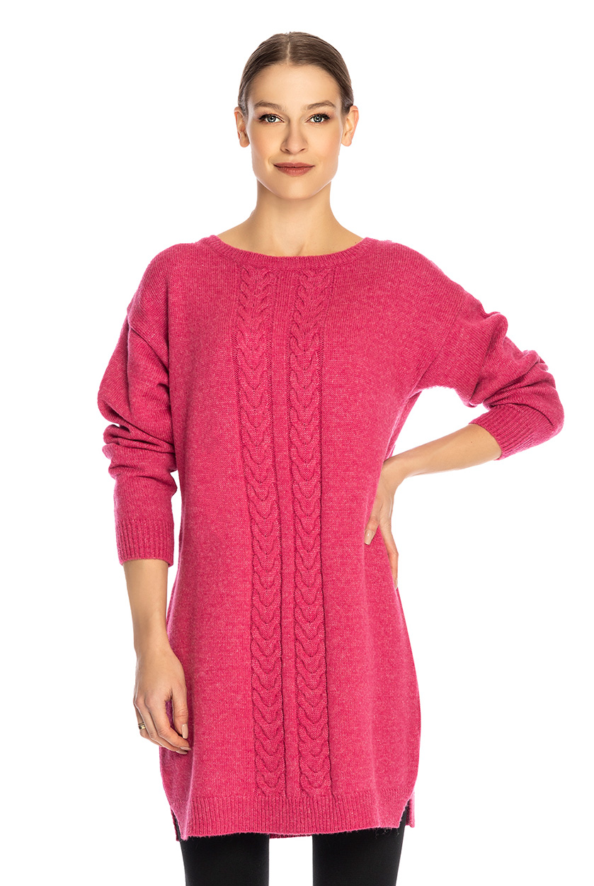 Long-Strickpullover mit Zopfmuster