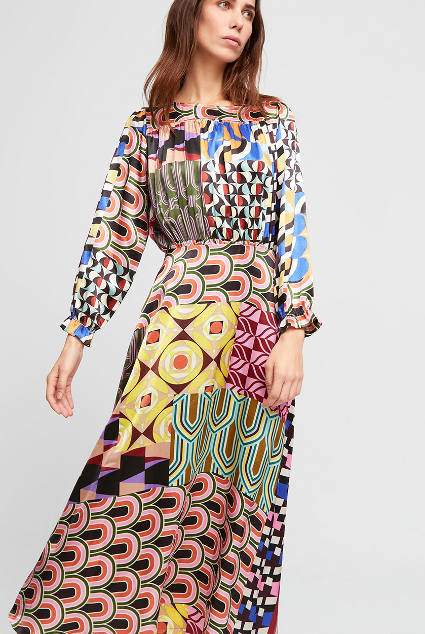 Edles, buntes Langarm Midikleid LARA